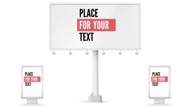 Billboard ve Lightbox, reklam için reklam paneli yer tutucu. 3d illüstrasyon izole beyaz arka plan üzerinde. İnşaat tam boyutunda mock-up boş billboard simgelerin kümesi.