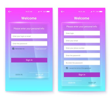Kullanıcı arabirimi tasarımı, hesap kayıt veya yetkilendirme, arayüzü dokunmatik ekran mobil uygulamaları için. UX cam arka plan ekranda. Giriş yolu ile oturum açma, parola. Kişisel veri kaydı.