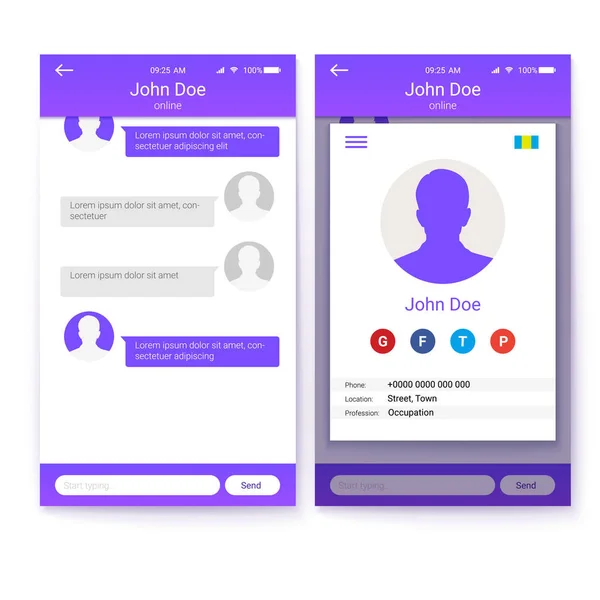 UI begreppet mobilapp, Gui design för responsive företags webbplats eller program. På sidan profil och skärm av vänner lista med chatt. 3D illustration isolerade på vit. — Stock vektor