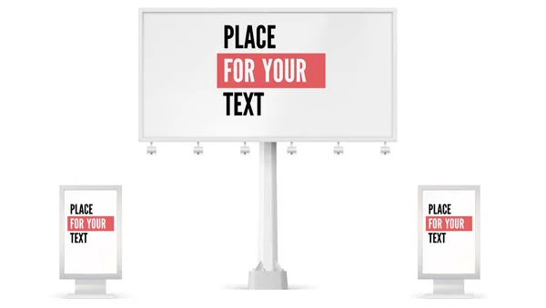 Billboard och Lightbox, ad panel platshållare för annonseringen. 3D illustration isolerade på vit bakgrund. Uppsättning av byggandet av Tom billboard ikoner, mock-up i full storlek. — Stock vektor