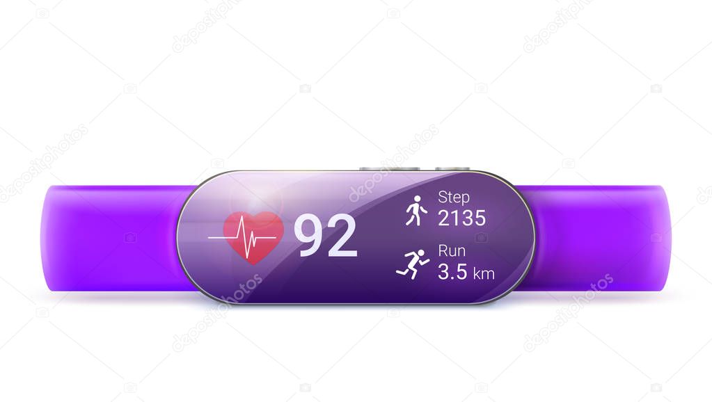 Activity tracker isolated on white background, 3D illustration. Modern mobile device for wear on the wrist. Running a fitness app with clock and distance tracking function. Concept of smart watch