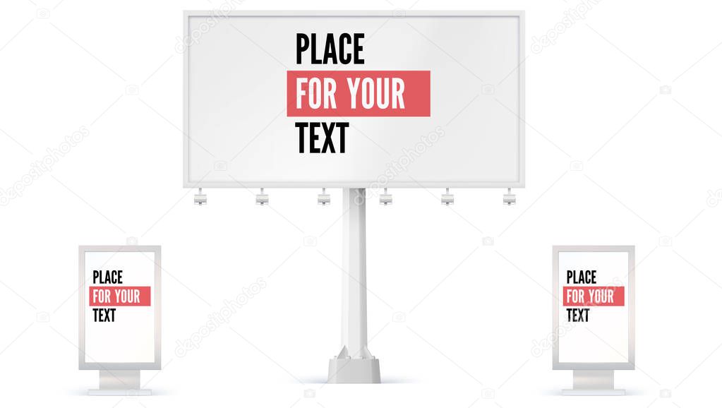 Billboard and Lightbox, ad panel placeholder for advertisement. 3D illustration isolated on white background. Set of construction of blank billboard icons, mock-up in full size.