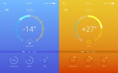 Hava hareket eden app sayfasının UI. Yaz ve kış düzeni mobil uygulamaları için. Farklı hava kullanıcı arabirimi, 3d çizim sayfası. GUI tasarım duyarlı Web uygulamaları için.