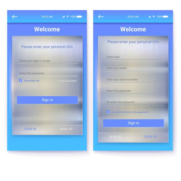 UI de aplicativo móvel com fundo de metal. Página de Entrar e Inscrever-se perfil. Projeto da GUI para o Web site ou as aplicações comerciais responsivas. Ilustração 3D, ilustração sobre fundo branco . —  Vetores de Stock
