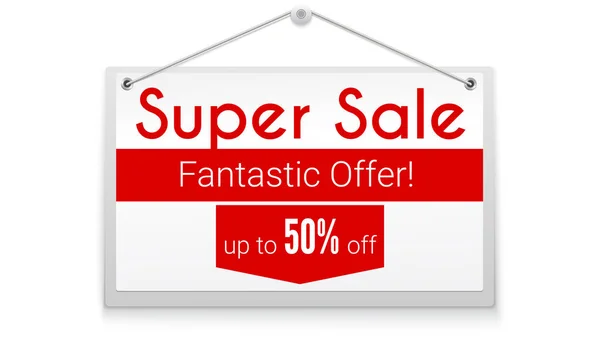 Super sale, horizontal poster with text design. Tag hanging on white wall. Offer about fantastic discounts.Get up to fifty percent off. Advertising poster for shopping events, 3D illustration. — Stock Vector