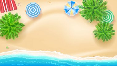 Palmiye ağaçları, plaj Mat güneş şemsiyeleri sahil, 3d çizim üzerinde. Tropikal manzara mavi okyanus ve altın kum, en iyi manzaralı. Afiş tasarımı yaz tatili. Sunu şablonu için seyahat acentası.