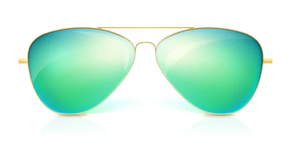 Gafas de sol realistas, forma clásica en montura de oro fino aislada sobre fondo blanco. Icono de gafas de sol con cristal verde, accesorios elegantes con reflejo . — Vector de stock