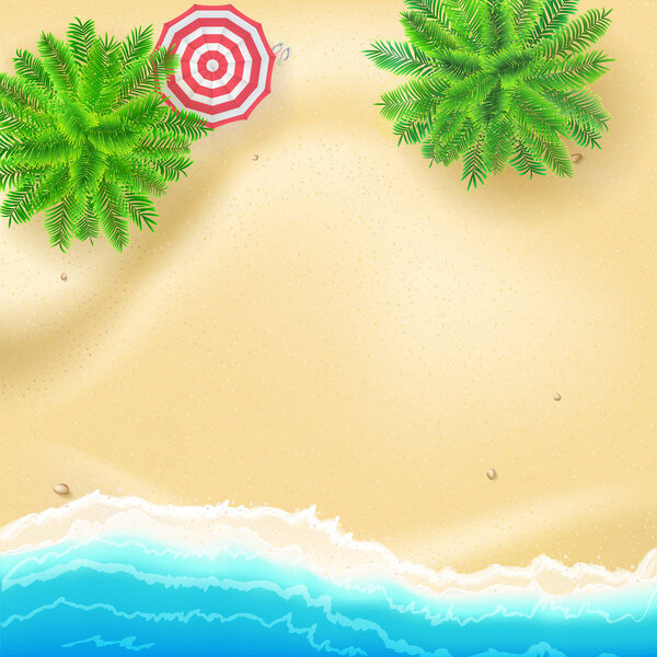 Тропический пейзаж с синим океаном и золотым песком, вид сверху. Плакат для презентации летних каникул. Шаблон для туристического агентства. Пальмы, зонтики на берегу моря, 3D иллюстрация
