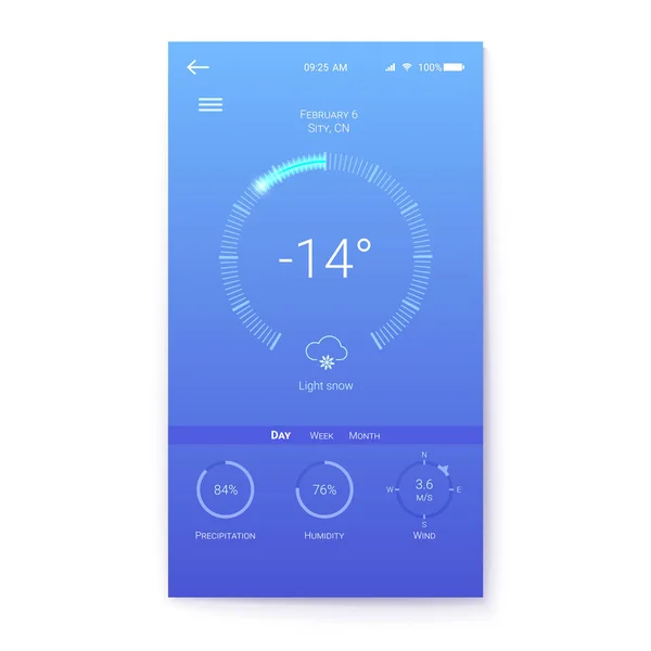 Layout para aplicativos móveis meteorológicos de inverno com sensor de temperatura, umidade e vento. UI de página de aplicativo móvel de tempo. Projeto GUI para site ou aplicativos responsivos. Ilustração 3D isolada em branco —  Vetores de Stock