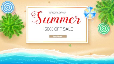 Yaz Satılık eylem poster. Yüzde elli indirim için ayağa kalk. Tropikal manzara mavi okyanus ve altın kum, en iyi manzaralı. Sunu şablonu seyahat acentası, 3d çizim için