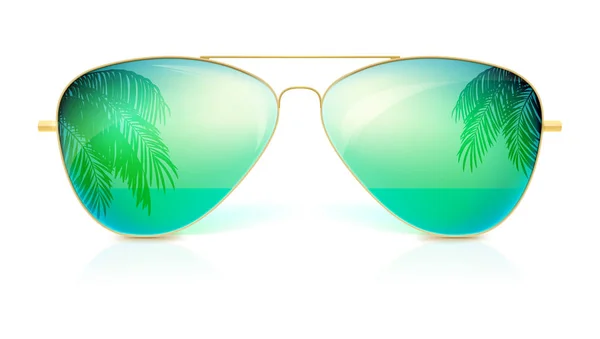 Gafas de sol realistas, forma clásica en montura de oro fino aislada sobre fondo blanco. Icono de gafas de sol con cristal verde, reflejo de las palmeras, el mar y el horizonte. Accesorios elegantes . — Vector de stock