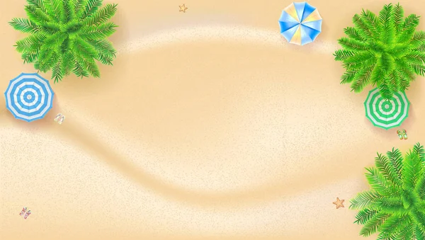 Palmen, Sonnenschirme, tropische Landschaft mit goldenem Sand, Blick von oben. Plakatgestaltung der Sommerferien. horizontale Präsentationsvorlage für Reisebüro, 3D-Illustration — Stockvektor