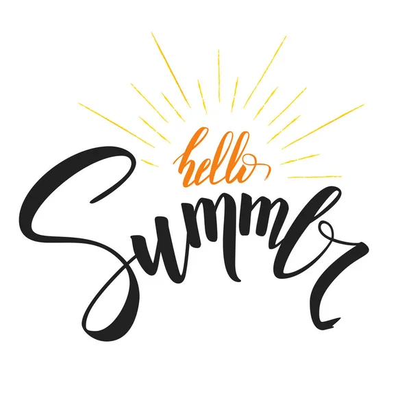 Hello Summer, handwritten text with symbol of sun rays. Hand drawn calligraphy and brush pen lettering. Template of logo for invitation of summer holidays, beach parties, travel agency events — Stock Vector