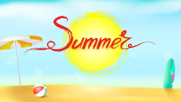 Horizontal summer background with sun umbrella, inflatable ball and surfboard. Acrylic handwritten text summer above the symbol of sun. Sunny beach with Golden sand and blue sky. — Stock Vector