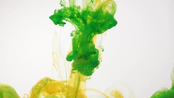 Green and yellow acrylic paint swirling in water on white background. Ink is moving mixed and intertwined creating abstract clouds. Traces of ink dissolving in water. 60fps, HD format — Stock Video