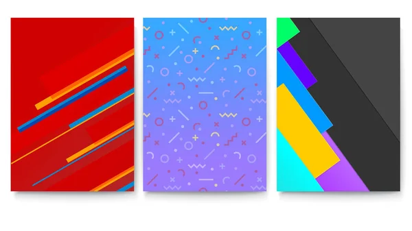 Conjunto de tampas com formas geométricas coloridas. Fundo moderno com padrões abstratos com diferentes formas para banners brochura, layout, ilustração 3D. Modelo de vetor de cartaz — Vetor de Stock