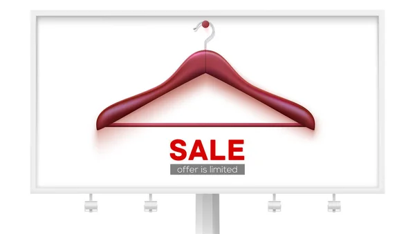 Clearance sale, offer is limited. Empty wooden hanger hanging on wall. Billboard with ad of discount for shopping. Vector banner, 3d illustration. — Stock Vector