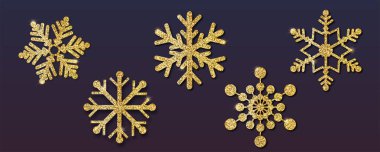 Noel kar taneleri seti, farklı şekillerde. Altın tozlu ve parıltılı altın kar taneleri. Karanlık arka planda izole edilmiş. Vektör 3d illüstrasyon, Eps10