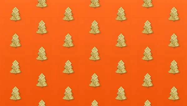 オレンジの背景に金色のクリスマスツリーのセット。黄金のおもちゃからのアートパターン。ベクトル3Dイラスト — ストックベクタ