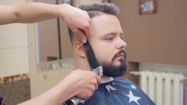 Cortando barba de hombre hembra con clipper y peine negro, tiro cerrado. Interior del salón de peluquería. Hombre en la peluquería. Enfoque suave selectivo. Fondo borroso . — Vídeo de stock