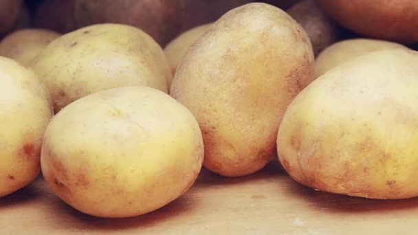 Landkartoffeln auf hölzernem Hintergrund. Die Kamera bewegt sich, langsam gleitende Aufnahmen entlang von Kartoffeln liegen in Massen herum. Gemüse vom Bauernhof. — Stockvideo