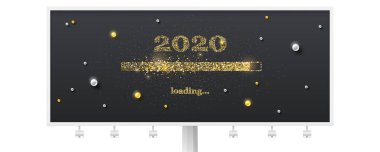 Yükleme barı olan bir pano. Siyah arka planda 2020 yılına geçiş. Işıltılı ilerleme çubuğu, altın ve beyaz incileri olan mutlu yıllar ve Noel kartları. Vektör illüstrasyonu Eps10
