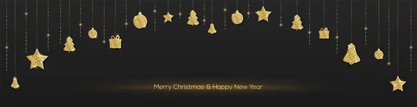 Hosszú transzparens lógnak karácsonyi dekorációk. Arany karácsonyi játékok függnek arany szálak és világítanak a csillogás. Sablon hirdetőtáblának, plakátnak, címlapnak. Vektor 3d illusztráció. — Stock Vector