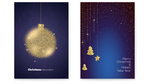 Conjunto de carteles para Feliz Navidad. Dos diseños con lujosa bola de oro brillante, árbol de Navidad, estrella y campana. Plantilla para el diseño de saludos navideños. Ilustración vectorial 3d — Vector de stock