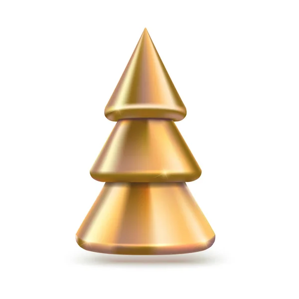 黄金のクリスマスツリー。白い背景に反射と影が隔離された金属松。新年の象徴。ベクトル3Dイラスト, Eps10. — ストックベクタ