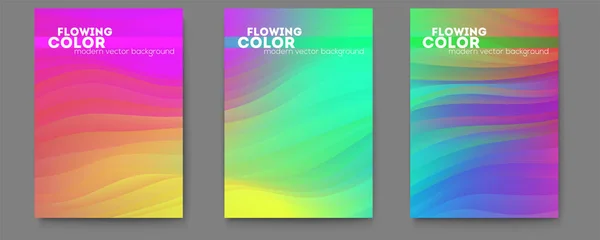 Set of posters with abstract flowing pattern. Modern background with colorful gradient lines. Wavering liquid shape. Flow of color ink. Vector illustration EPS10. — Stock Vector