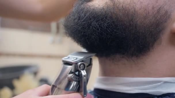 Mannen baard, dichtbij schot. Styliste snijden mannen baard in kapperszaak. Opgenomen in kapsalon. Selectieve zachte focus. Wazige achtergrond. — Stockvideo