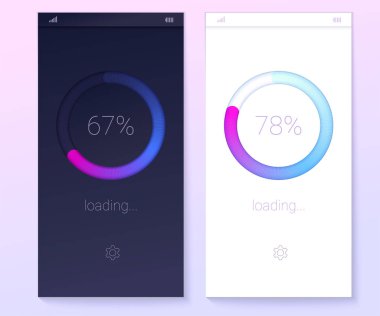 Güncellemelerin 3d web önyükleyicisinin simgeleri. İlerleme yüzdesiyle birlikte ilerleme çubuğu. Mobil uygulamalar kavramı, açık ve koyu arkaplanda yükleme süreci. Radyal yükleme indirme diyagramı.