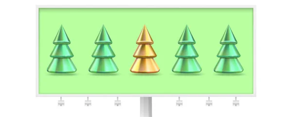 Plakatwand mit einem goldenen Weihnachtsbaum, der sich von anderen abhebt. Konzepte der Individualität und unterschiedliche Geschäftsidee. metallische Kiefern mit Schatten auf grünem Hintergrund. Vektor 3D Illustration. — Stockvektor
