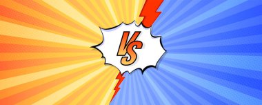 Karşılaştırma logosu. Spor, dövüş, dövüş, dövüş ve yarışma için arka planda harfler vs. Mavi ve kırmızı arka plan yarım ton efektli ve kırmızı yıldırımlı. Vektör illüstrasyonu.