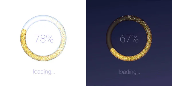 Progress of loading bar for mobile apps. Icons of luxury 3D web preloader of updates on light and dark background. Glittering radial load, upgrade or download diagram. Vector illustration, EPS10. — ストックベクタ