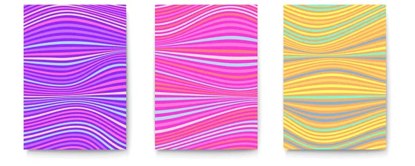 Ensemble d'affiches avec des rayures multicolores. Surface ondulée inégale comme le drapeau ou l'eau. Design minimaliste à partir de lignes, arrière-plans ondulés bicolores. Modèle déformé abstrait. Illustration vectorielle 3D — Image vectorielle