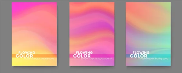 Zestaw plakatów o barwnym, płynnym kształcie. Przejście do harmonii gradientowej. Abstrakcyjny, płynny wzór. Nowoczesne tło z kolorowym tuszem. Szablon do projektowania pokrywy. Ilustracja wektora Eps10 — Wektor stockowy