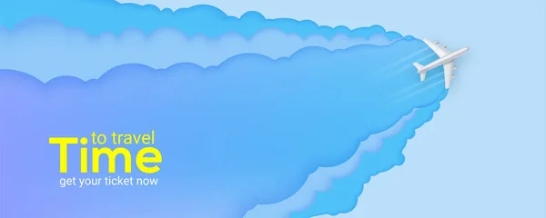 Avión de pasajeros de plata vuela a través de las nubes. Cielo azul tallado en papel multicapa. Banner con avión realista y fondo cortado de papel. Ilustración vectorial 3d, EPS10 — Vector de stock