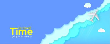 Silver plane flying above clouds. Blue sky carved from multi layered paper. Banner with realistic airplane and background cut out of paper. Vector 3d illustration, EPS10.