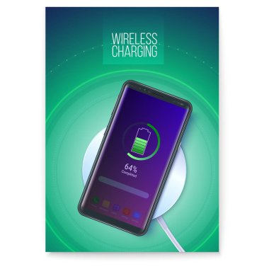 Poster with infographics of wireless charging technology. Battery icon and progress charging the battery of the phone is visible on screen of smartphone. 3d vector illustration, EPS10.