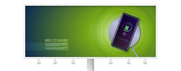 Billboard with infographics of wireless charging technology. Battery icon and progress charging the battery of the phone lighting on screen of smartphone. 3d vector illustration, EPS10 — Stock vektor