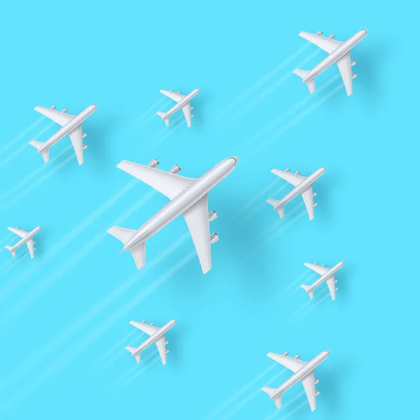 Los aviones vuelan sobre fondo azul. Conjunto de aviones 3D realistas con rastro de humo y sombra. Ilustración vectorial, eps10 — Vector de stock