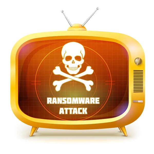 Amarillo retro TV con alerta sobre el ataque de ransomware aislado sobre fondo blanco. Cráneo blanco y huesos cruzados en la pantalla de la televisión. Símbolo de hackers atacan su información . — Vector de stock