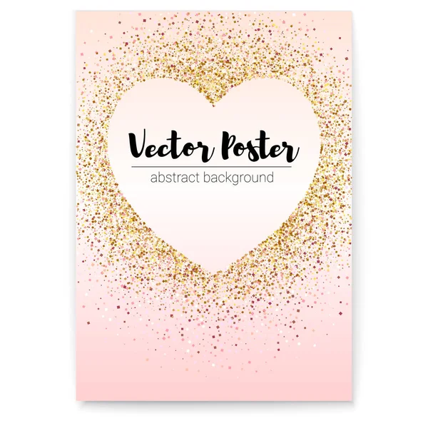 Chic sparkle poster with gold sequins in shape of heart. Template for events, parties and actions. 3d vector illustration, eps10. Vintage text on pink background. — ストックベクタ