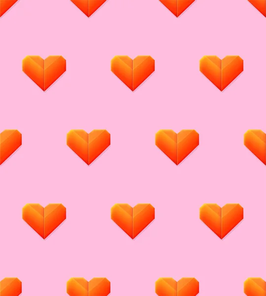 Płynny wzór z sercami odizolowanymi na różowym tle. Czerwone serca ze składanego papieru na Walentynki. Szablon tkaniny, opakowania, banery. — Wektor stockowy