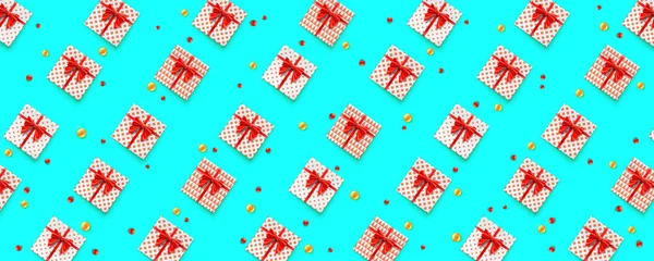 礼品盒,金红玉珠,抽象图案.礼物盒,红色缎带和领结,蓝色背景隔离.3D矢量图解，第10页。庆祝海报模板. — 图库矢量图片