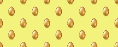 Altın yumurtalarla kusursuz desen. Sarı arka planda parlak tavuk yumurtaları. Paskalya bayramları için kusursuz bir süs. Kumaş, ambalaj, pankart için şablon.