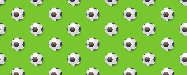 Seamless pattern from football balls. Balls for soccer isolated on long green background. Seamless decoration for sports promotion. Template for t-shirts, fabric, banners. — Stock Vector