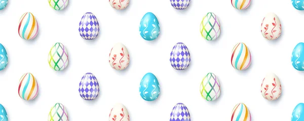 Seamless pattern from eggs isolated on white background. Colored easter eggs painted natural ornaments. Long banner decorated with funny eggs. — Stock Vector