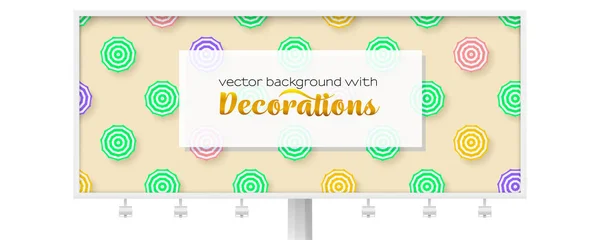 Billboard with sun umbrellas on yellow background. Sun umbrellas with green and pink pattern on summer sand. Template for banners, promotion and sales actions. — Stock Vector